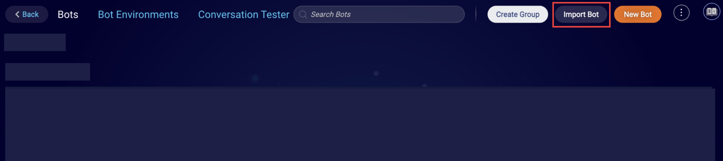 The Converation Builder page of the Engagement Portal with the Import Bot button highlighted