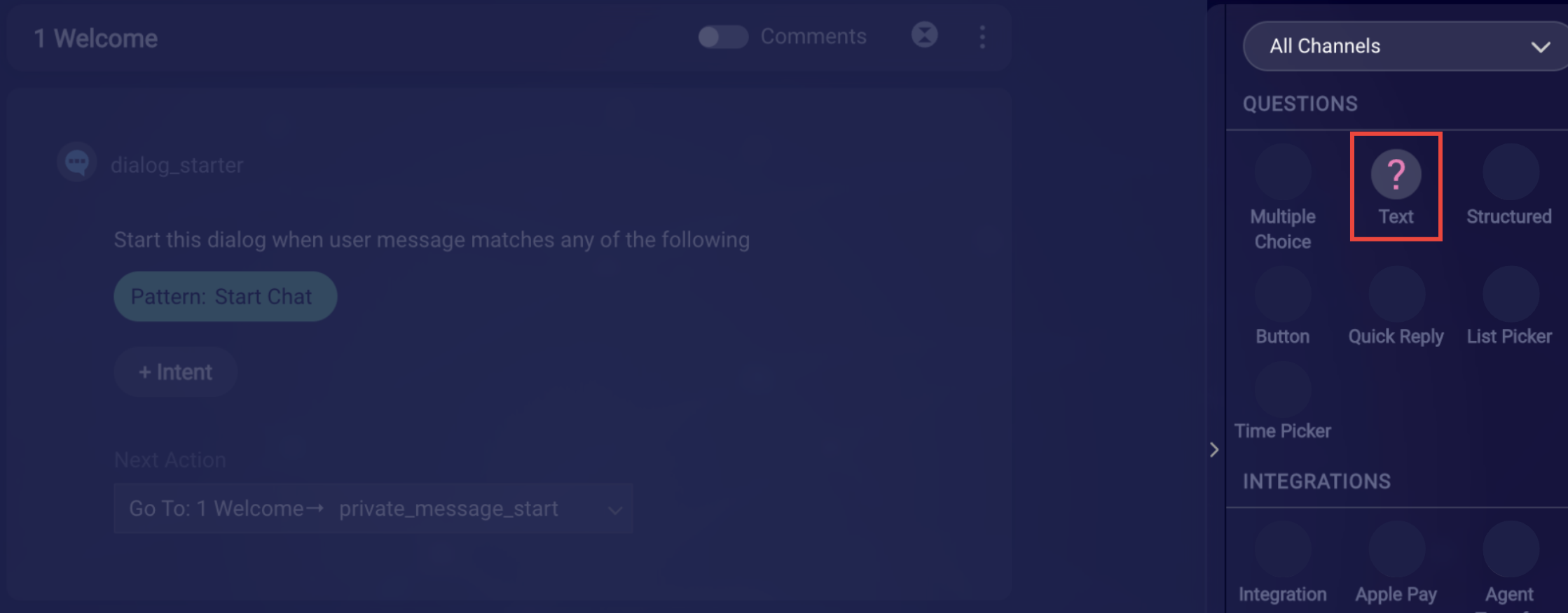 The Questions menu on the Bot Dialog page with the TEXT button highlighted