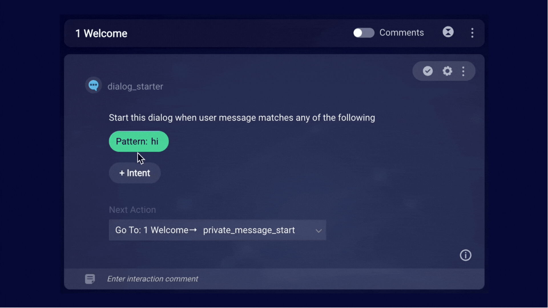 An animated gif shows the pattern in the Dialog Starter changed from HI to START CHAT