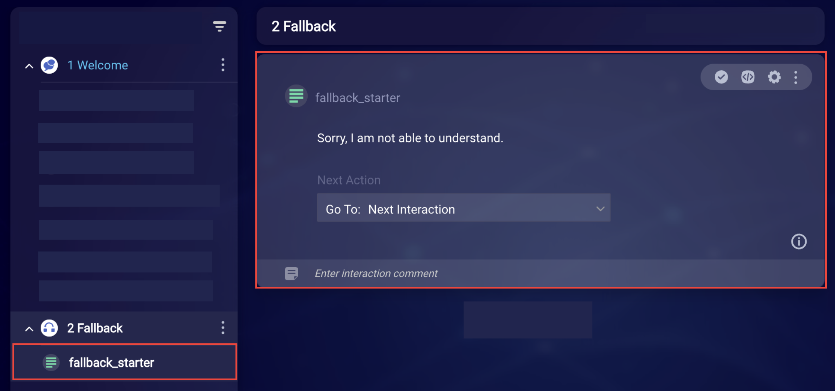 The fallback starter is open and highlighted in the dialog section of the bot page