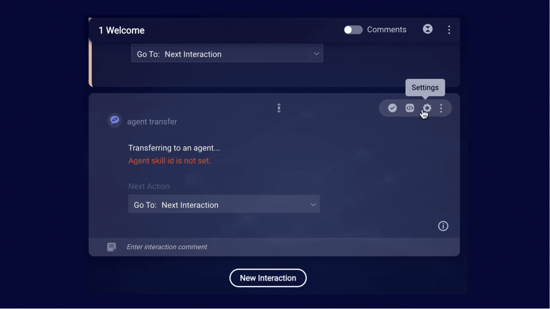 An animated gif of the Agent Transfer settings, opening the Advanced tab, and entering the Skill ID in the Agent Skill ID field