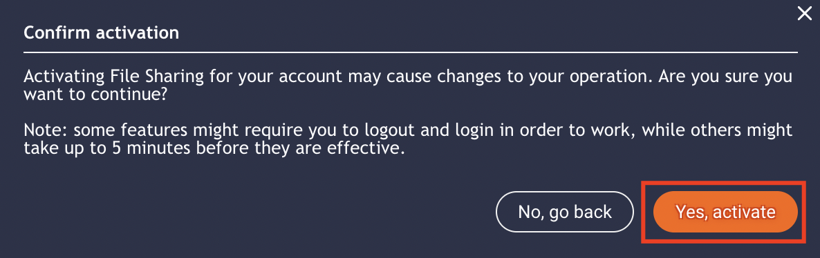A confirmation popup asking if the user is sure that they want to activate file sharing