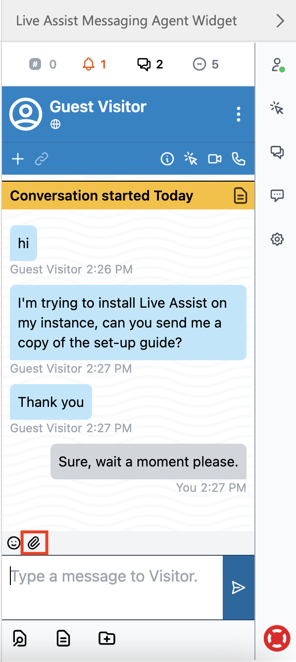 paperclip icon is selected in the Live Assist for Dynamics 365 agent widget