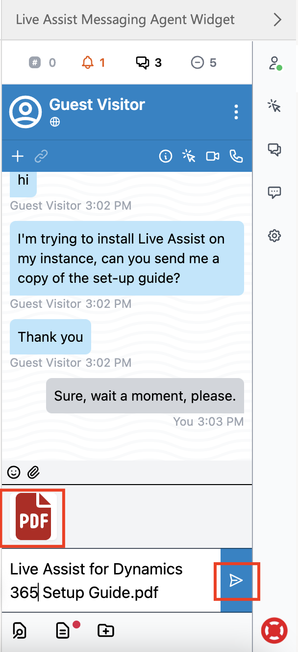 The file is displayed in the agent widget in Live Assist for Dynamics 365 but has not been sent yet