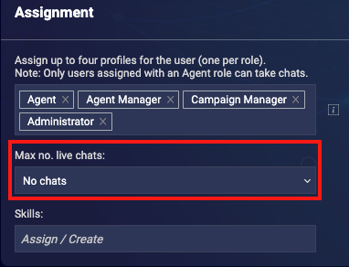 The User Settings in the Engagement Portal with the max no of chats set to 0