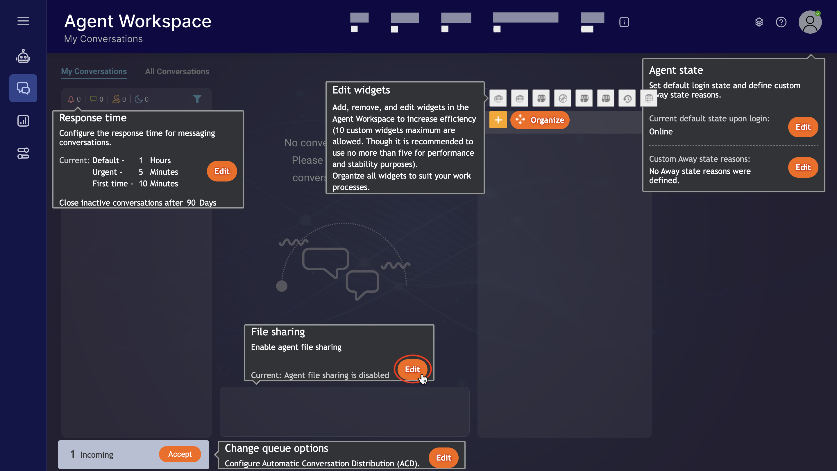 The Night Vision dashboard in the Engagement Portal, showing the various settings that can be adjusted for the Live Assist tag.