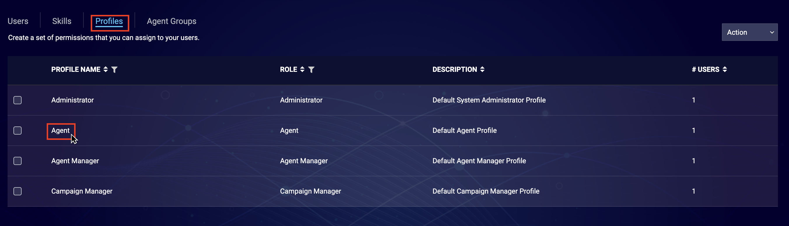 The Agent profile is highlighted on the profiles tab