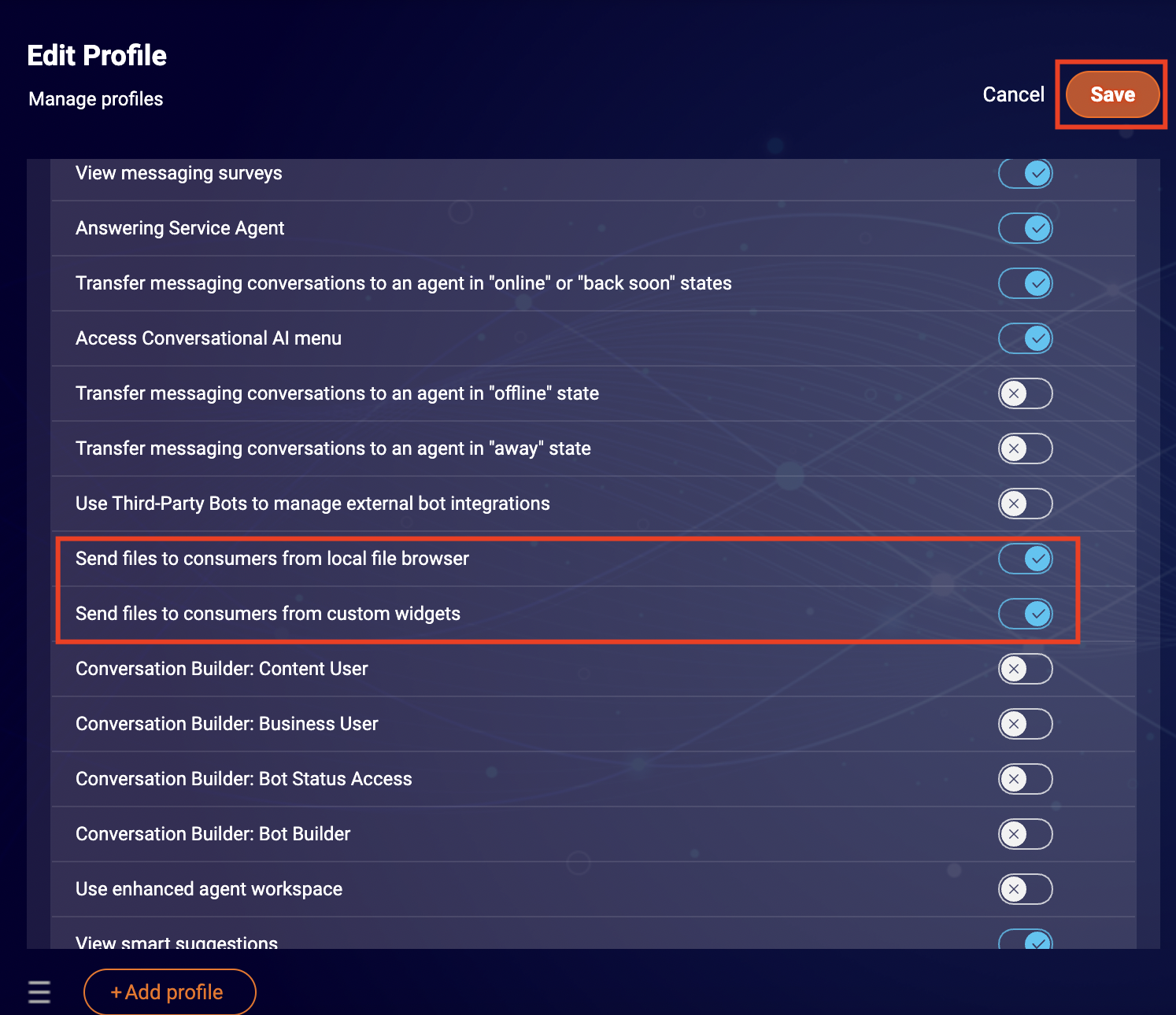 The sliders for the two permission types are set to the 'on' setting