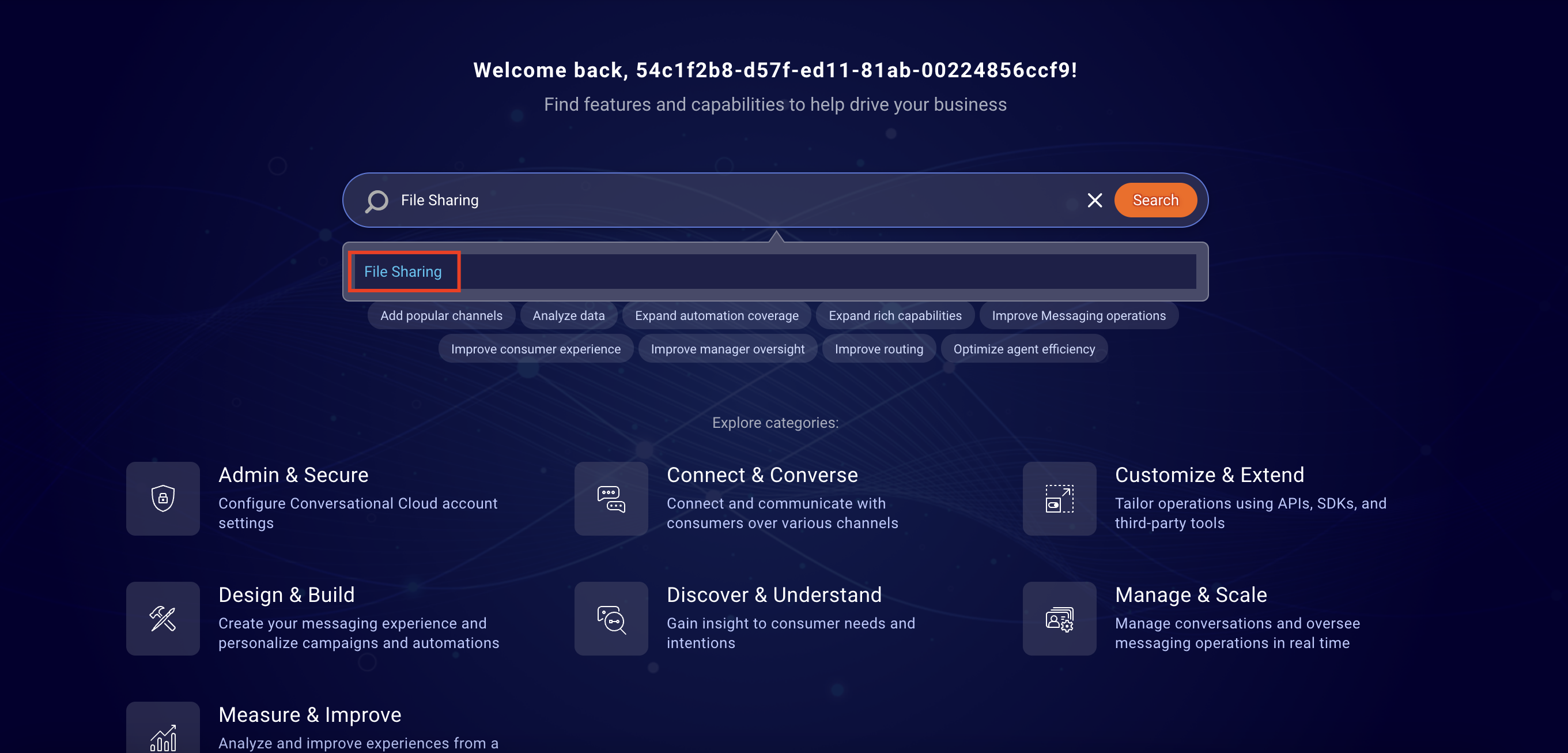 The words 'File Sharing' have been typed into the search bar in the Management Console