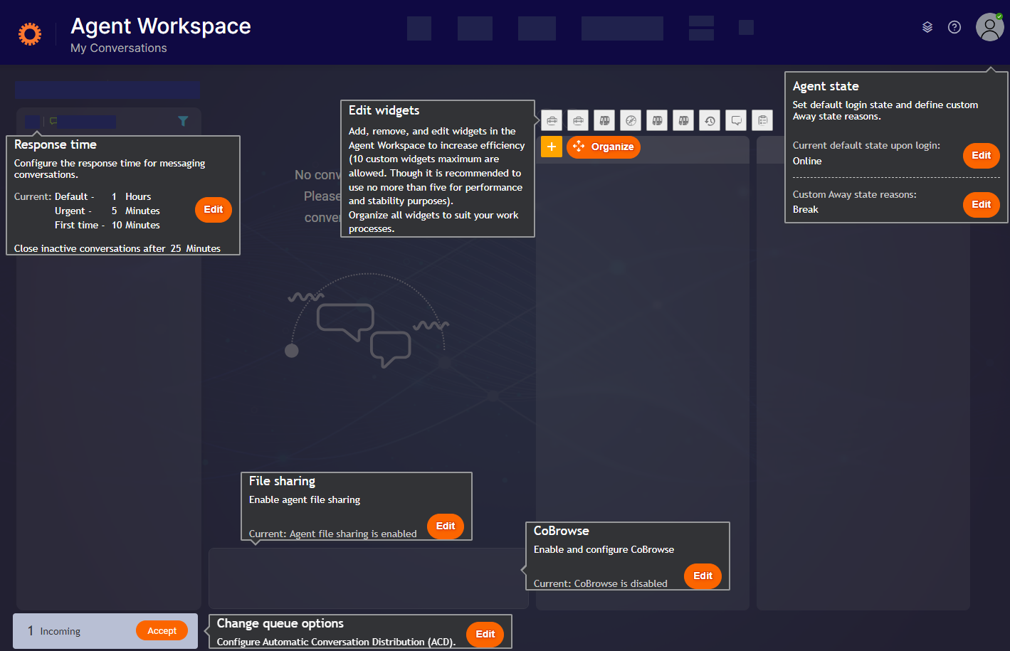 The LAD365 Engagement Portal open to the Agent Workspace, with the Night Vision settings open. Various pop-ups are open and pointing at different parts of the page, offering edit buttons to change certain settings or features.