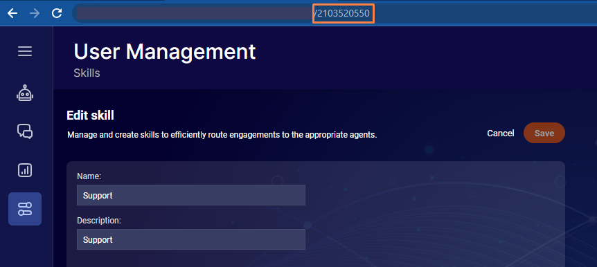 The URL of the Skill page is highlighted with a number marked in an annotated rectangle