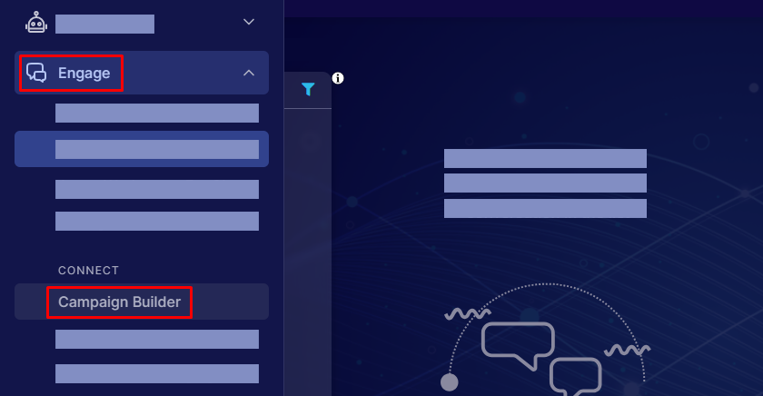 The left menu of the Engagement Portal with the Engage heading expanded and the Campain Builder link highlighted