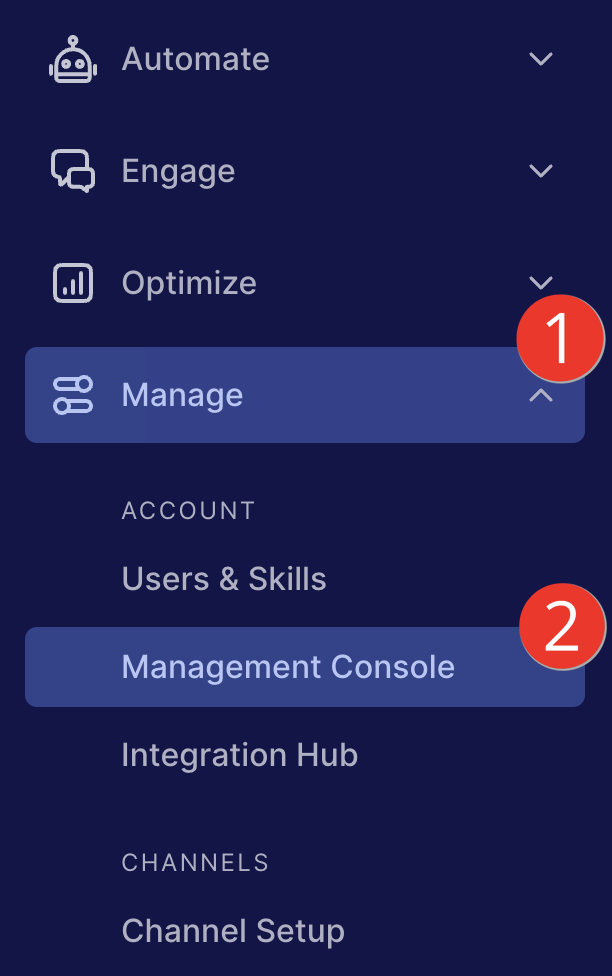 The Management Console subheading is highlighted under the Manage heading in the Engagement Portal