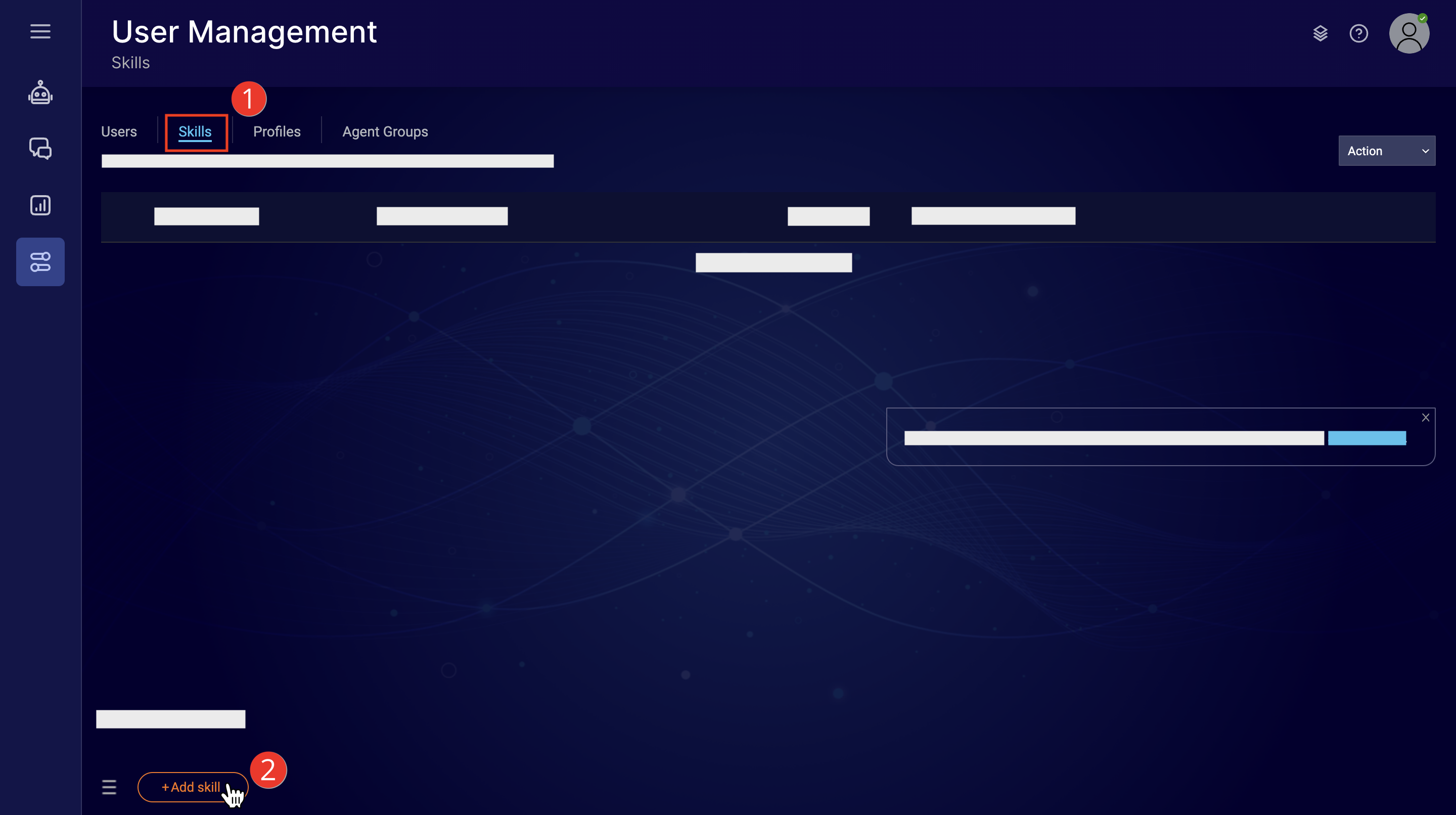 The User Management page of the Engagement Portal with the Skills link highlighted