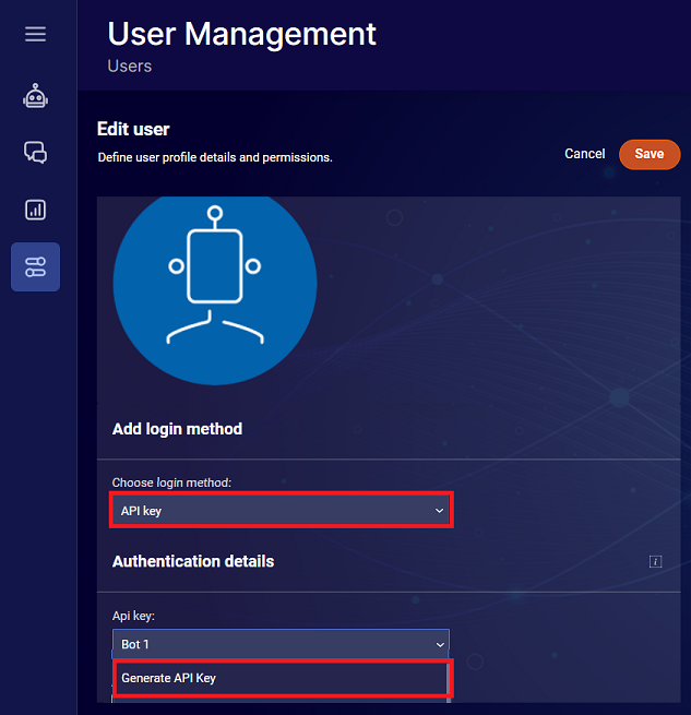 The Edit User page for a bot agent with the login method set to API key and the API key option set to Generate API Key