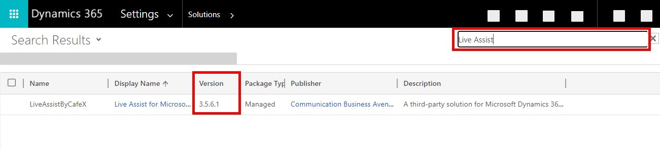 The Solutions list in Dynamics 365 with Live Assist highlighted and showing the current version