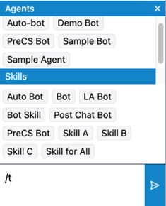 A '/t' is entered in the text input area of the Agent Widget, and the transfer options are visible