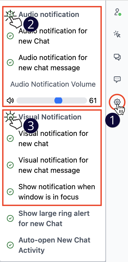 The settings panel of the Messaging Agent Widget with Audio and Visual notifications highlighted