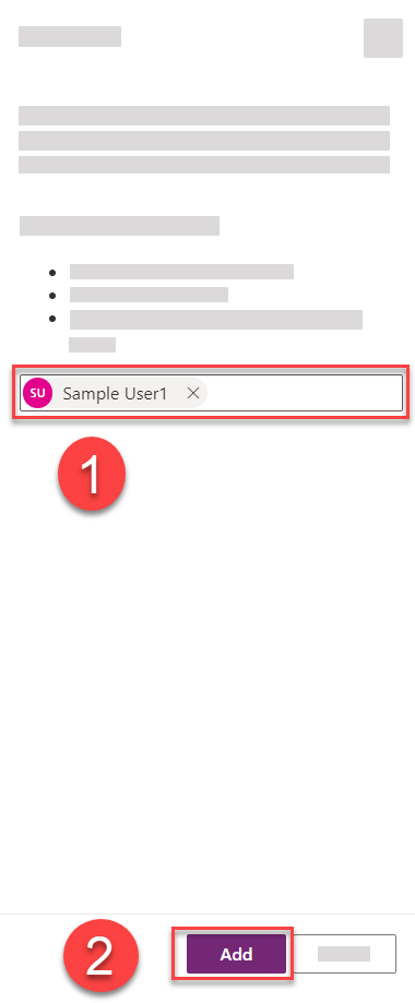 The Add User panel is open and a user called Sample User1 has been entered into the users field. A red rectangle and a numbered circle with the number 1 highlight the users field. A red rectangle and a numbered circle with the number 2 highlight the Add button.