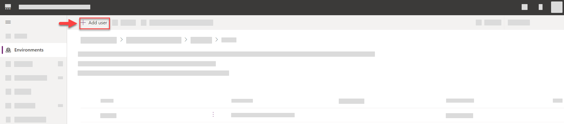 The Power Platform Admin Center open to the Users page of an Environment called Sample Environment. The Add User button is highlighted with a red rectangle and an arrow.