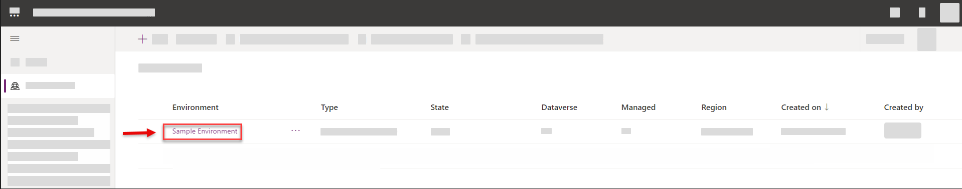 The Power Platform Admin Center open to the Environments List. An environment called Sample Environment is highlighted with a red rectangle and an arrow.