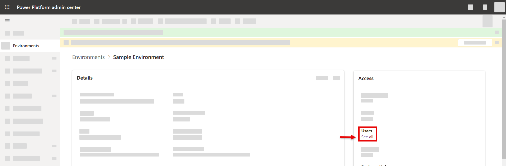 The Power Platform Admin Center open to an Environment called Sample Environment. Under the Access section, a red rectangle and an arrow highlight the link to See All underneath the Users heading.