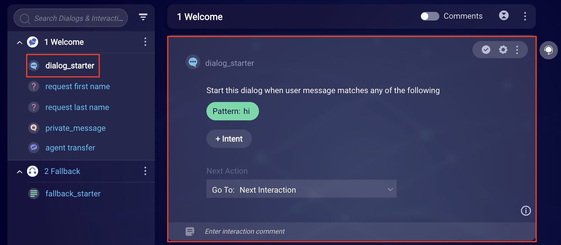 The Dialog Starter page of the bot settings