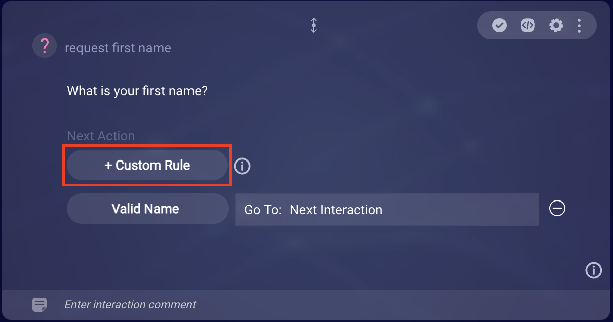 The Add Custom Rule button is highlighted under the Next Action heading of a new Question