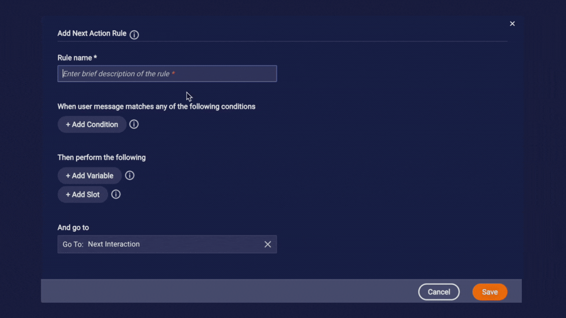 An animated gif of the custom rule dialog. Everything is done as before, except thistime the match is set to No match and a message is entered for the user for them to enter a valid first name.
