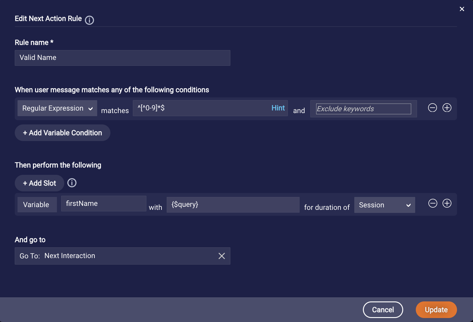 The first name field in the Next Action Rule dialog is set to the variable name