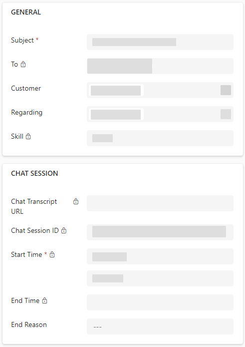 The General and Chat Session sections of the Conversation Activity in Dynamics 365