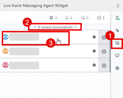 The LAD365 Agent Widget with three closed conversations. The steps to open a closed conversation are highlighted.