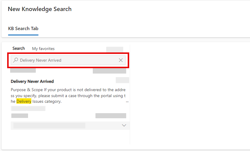 The Dynamics 365 Knowledge Search form with the words 'Delivery Never Arrived' entered in the search box and a search result displayed