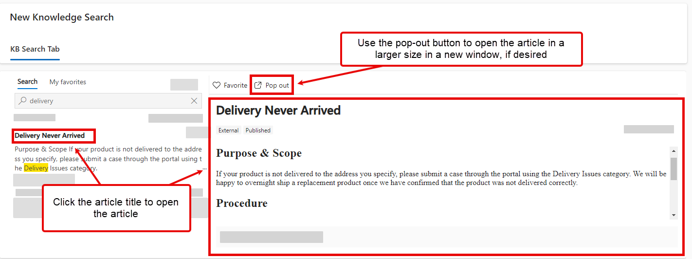 An annotated view of the Dynamics 365 Knowledge Search form and results