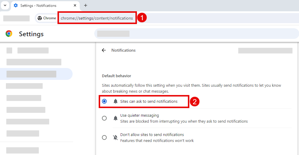 The Google Chrome notification settings page