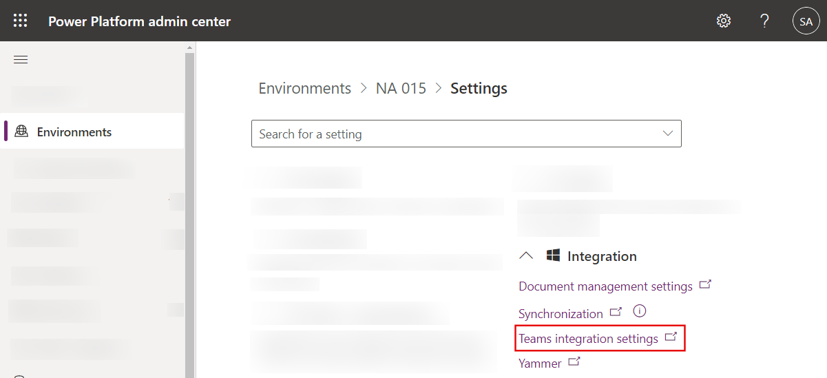 The Environment Settings page of Microsoft Power Platform Admin Center