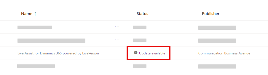 A list of Dynamics 365 Apps with the Live Assist for Dynamics 365 powered by LivePerson row highlighted and an Update Available link in the Status Column