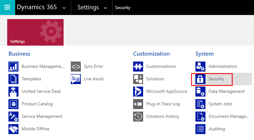The Dynamics 365 Settings menu with Security selected