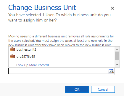 The Dynamics 365 Change Business Unit selection screen