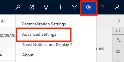 The settings menu is Dynamics 365 with Advanced Settings highlighted