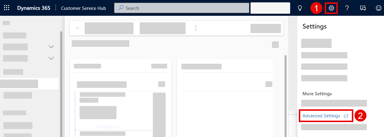 The settings drop down in Dynamics with the Advanced Settings option highlighted