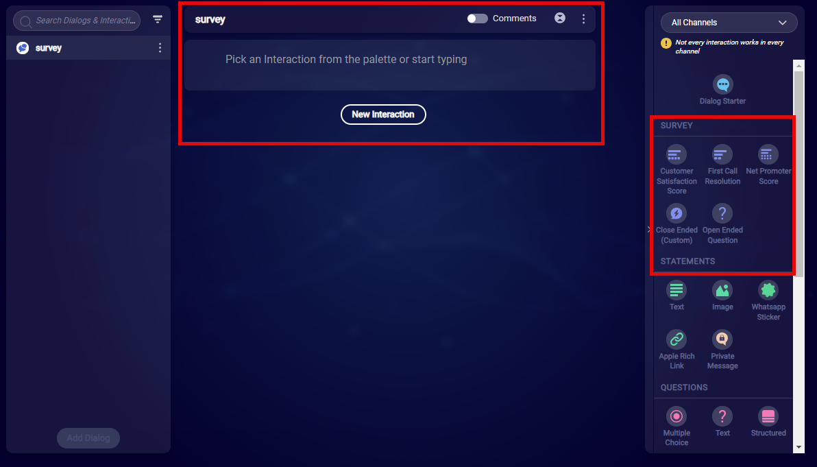 The Interaction page of the new survey bot