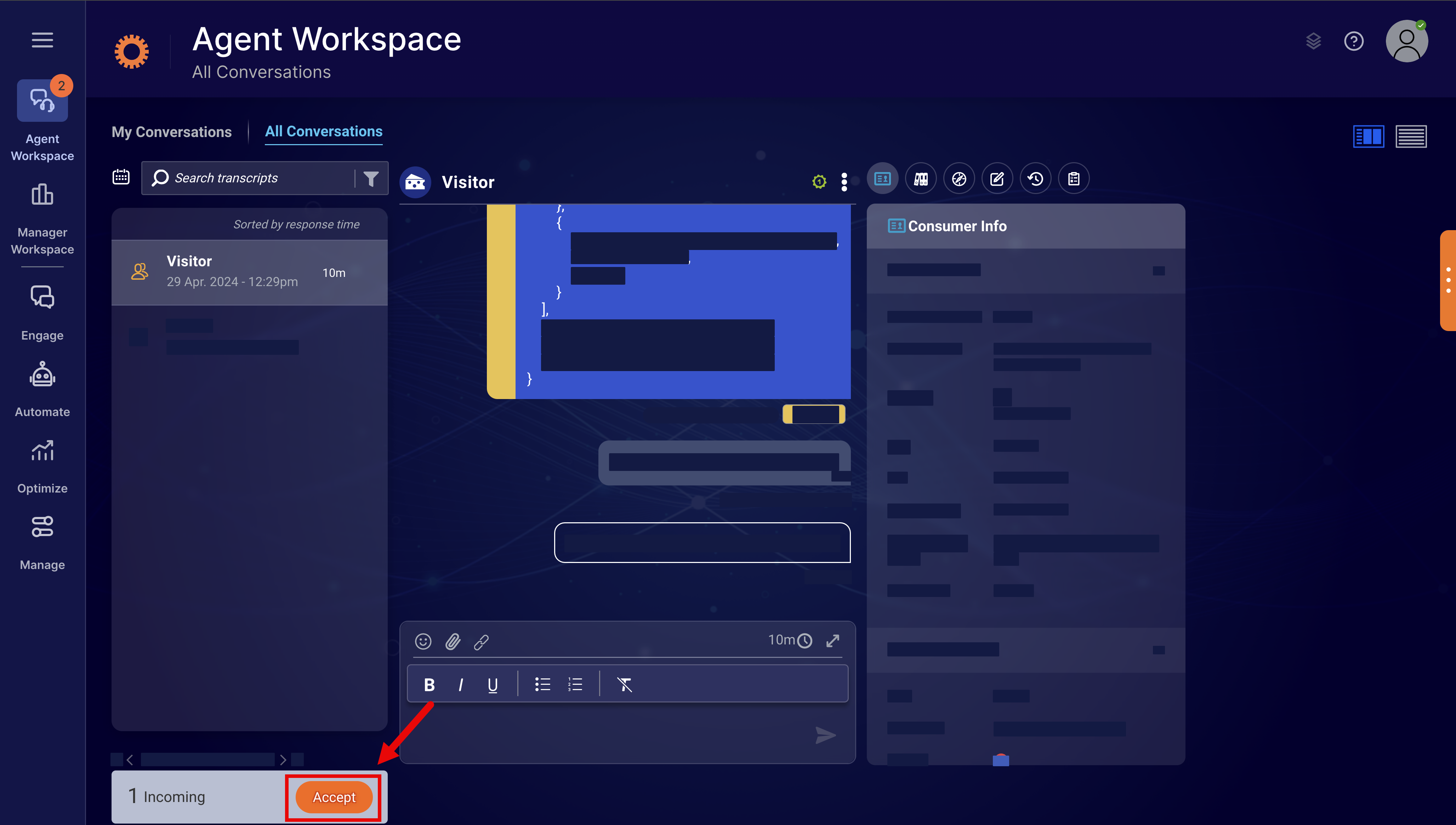 The Agent Workspace in the Live Assist for Dynamics 365 Engagement Portal. A modal notification informs of 1 incoming conversation and has an accept button.