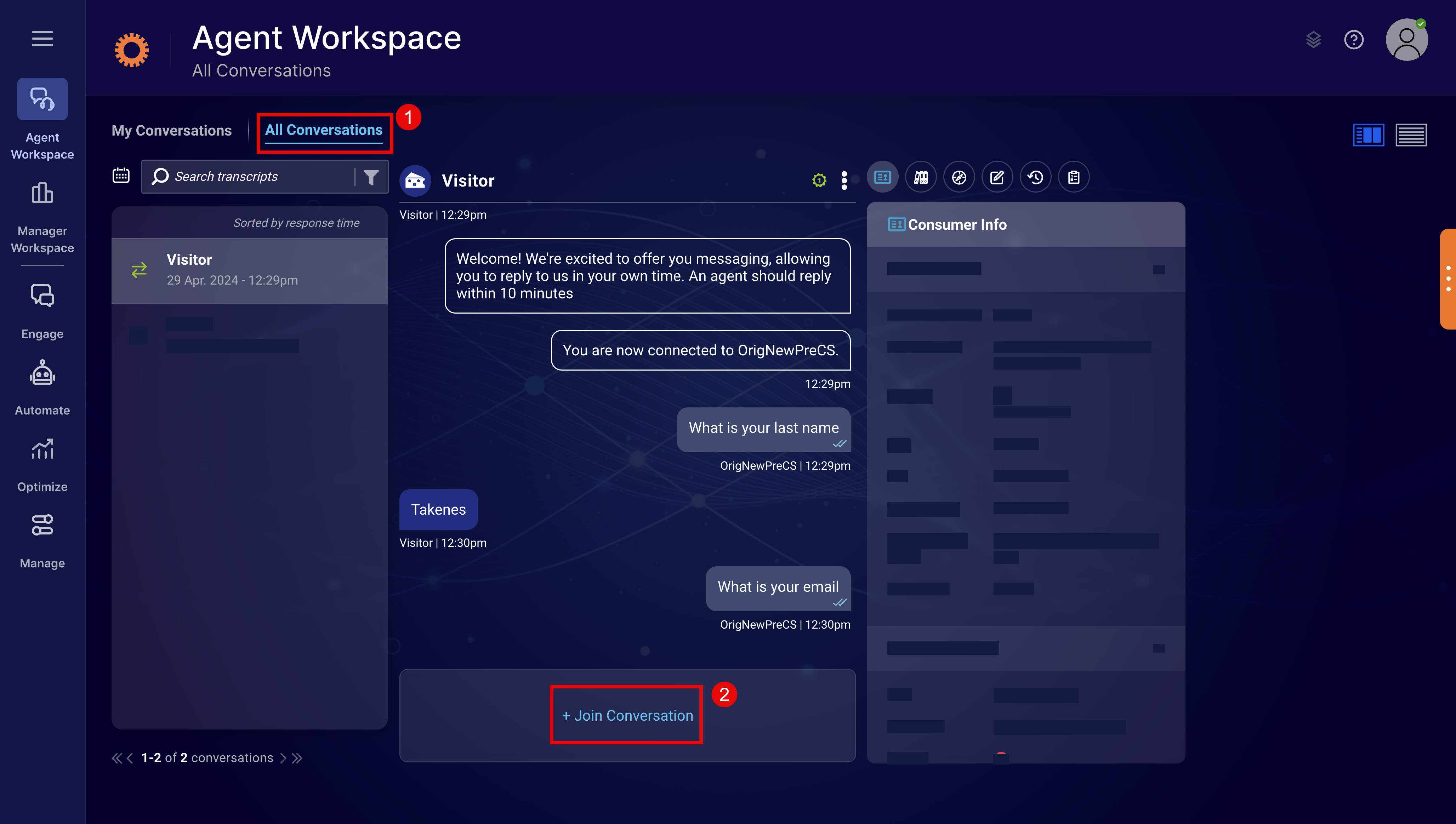 The Agent Workspace in the Live Assist for Dynamics 365 Engagement Portal, open to the All Conversations tab. A conversation between an agent and a visitor is open and taking place. A Join Conversation button is visible at the bottom of the conversation.
