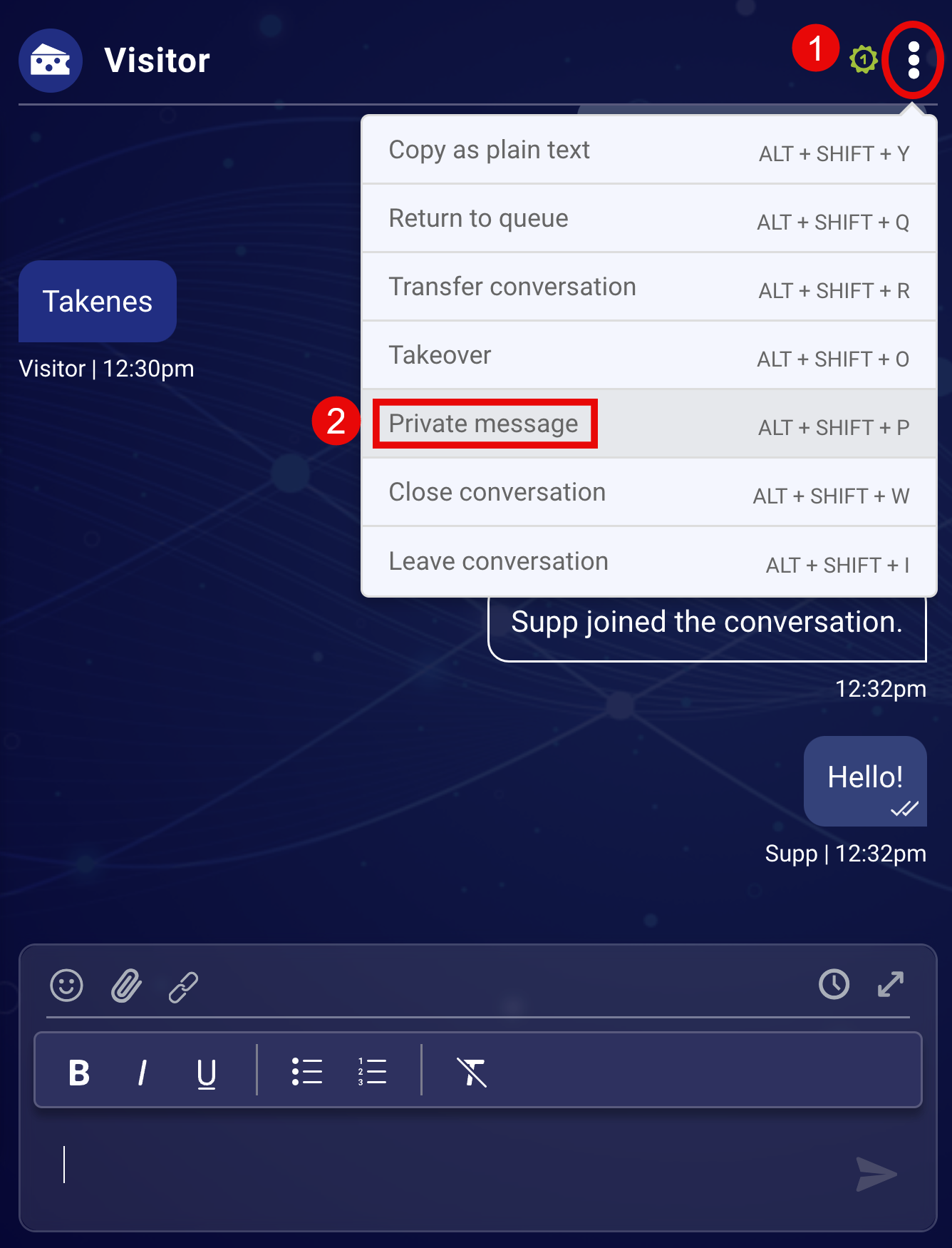 The three dots drop down menu is open on a conversation. The Private Message option is highlighted.