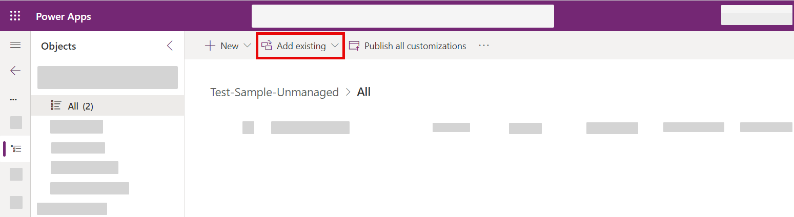 The Power Apps portal open to an Unmanaged solution. The Add Existing button is highlighted.
