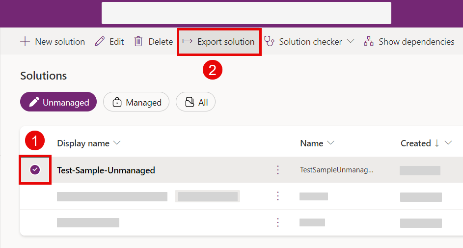 The Power Apps portal open to the Solutions page. The Export solution button is highlighted.