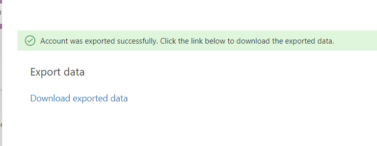 The Account export pop-up with a link to download the exported data.