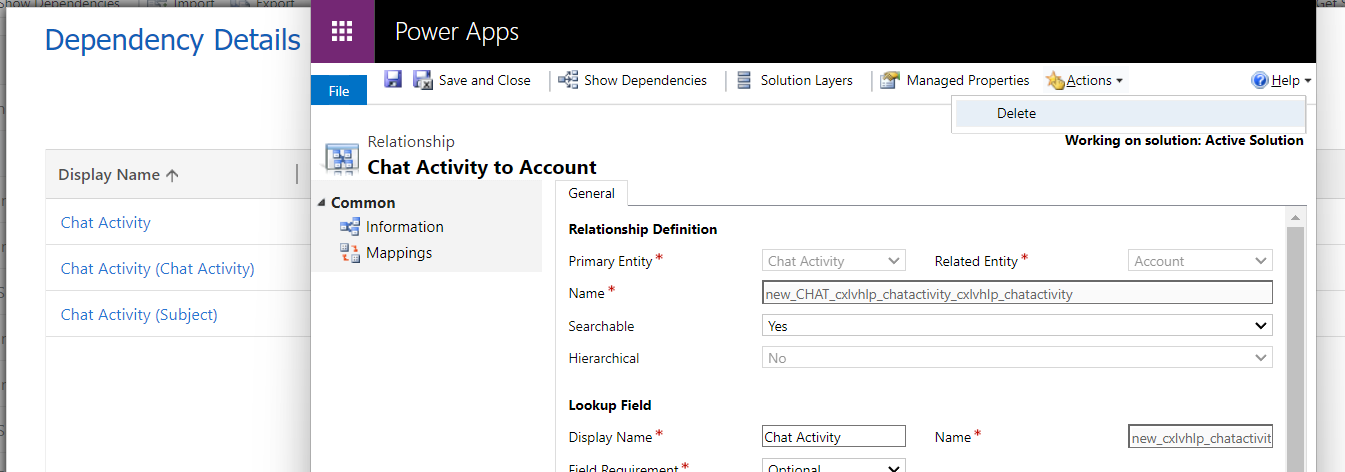 A relationship is open from the LAD365 dependencies list. The delete button is highlighted.