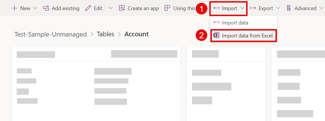 The Power Apps portal open to the Objects list for an Unmanaged solution. The Accounts object is open from the Tables group. The import menu is open and the import data from excel button is highlighted.